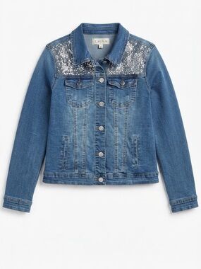 LAURA Silver Sequin Denim Jacket  Sparkle Medium Wash Jean Coat / Size 4
